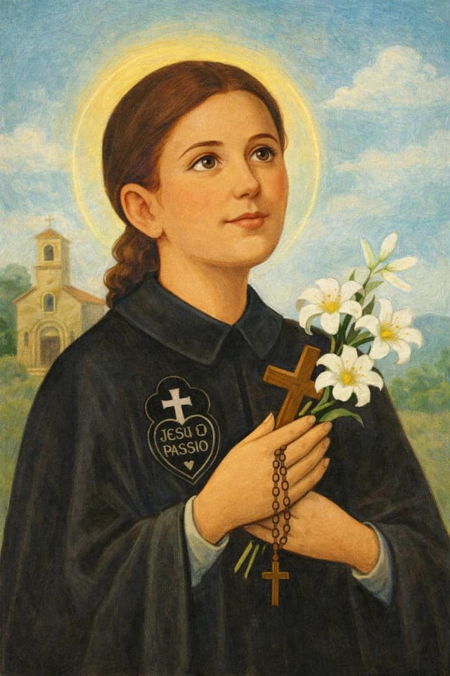 Illustration of Saint Gemma Galgani holding a wooden cross, rosary, and white lilies.