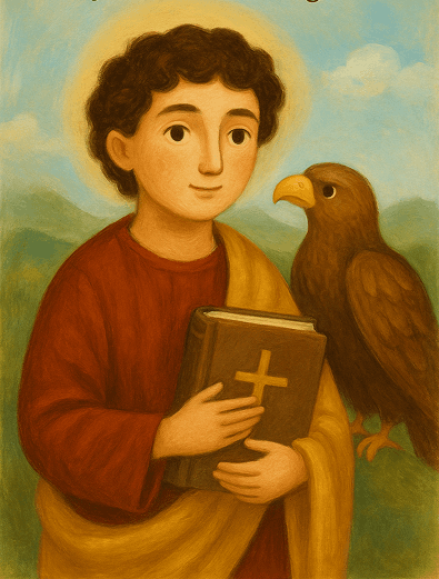 Illustration of Saint John the Evangelist holding the holy Bible.