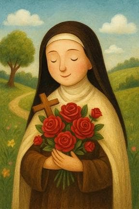 Illustration of Saint Therese of Lisieux holding roses.