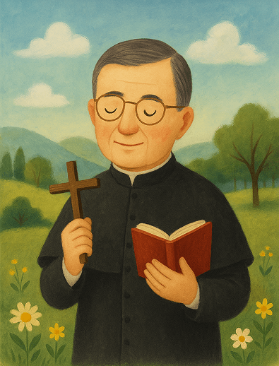 Illustration of Saint Josemaria Escriva holding crucifix and Bible.