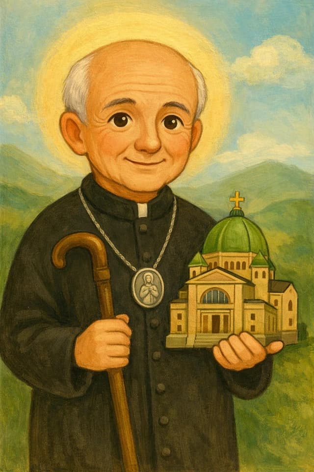 Illustration of Saint André Bessette with staff and chapel.